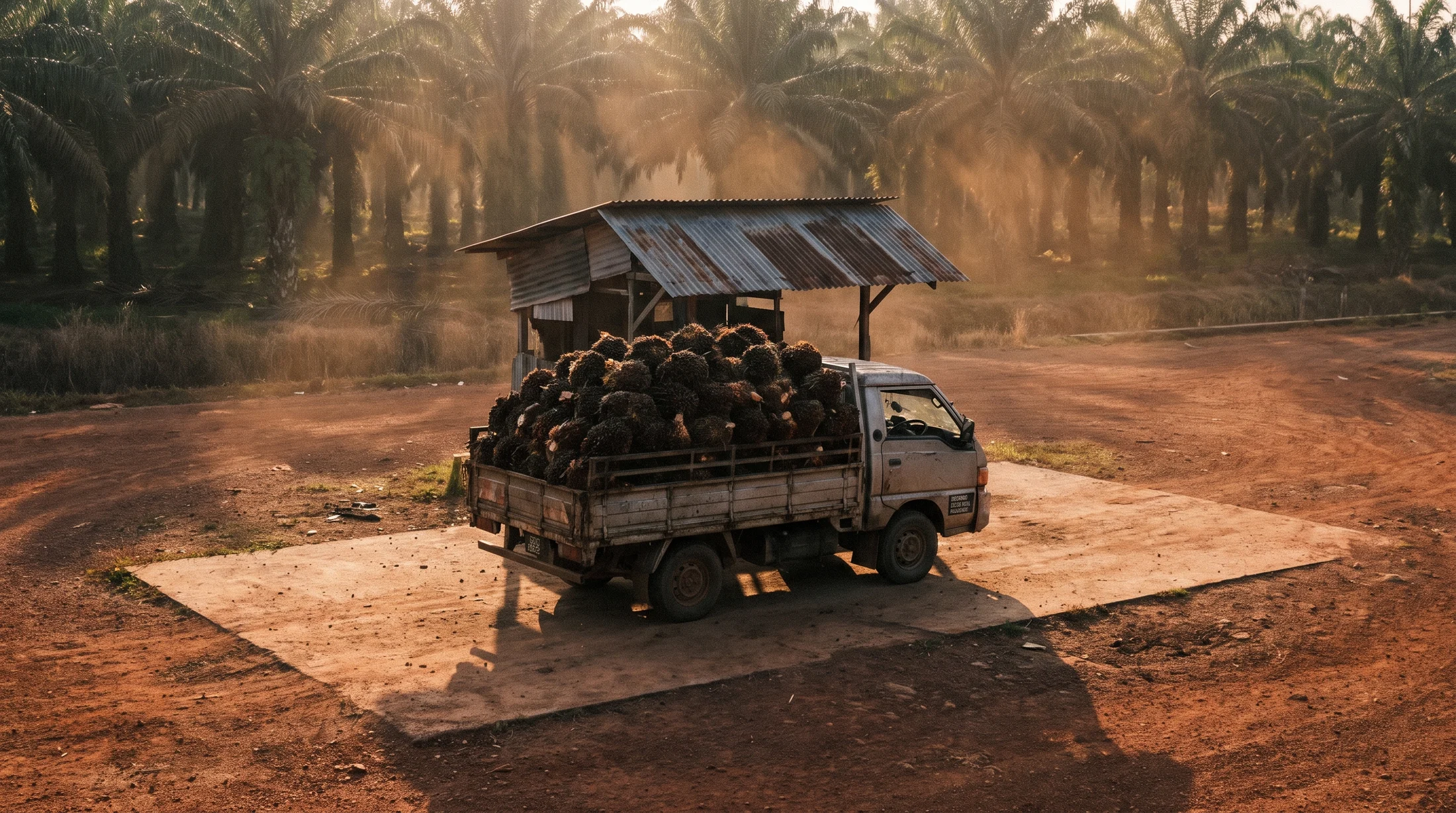 Illustrative harvest truck carrying palm fruit at an estate weighing station