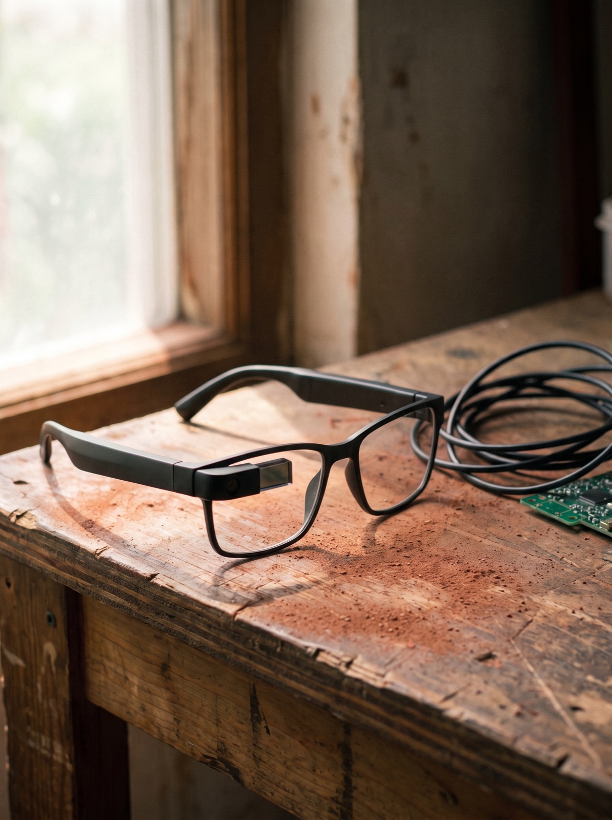 Camera-equipped AR glasses resting on a wooden field-office desk